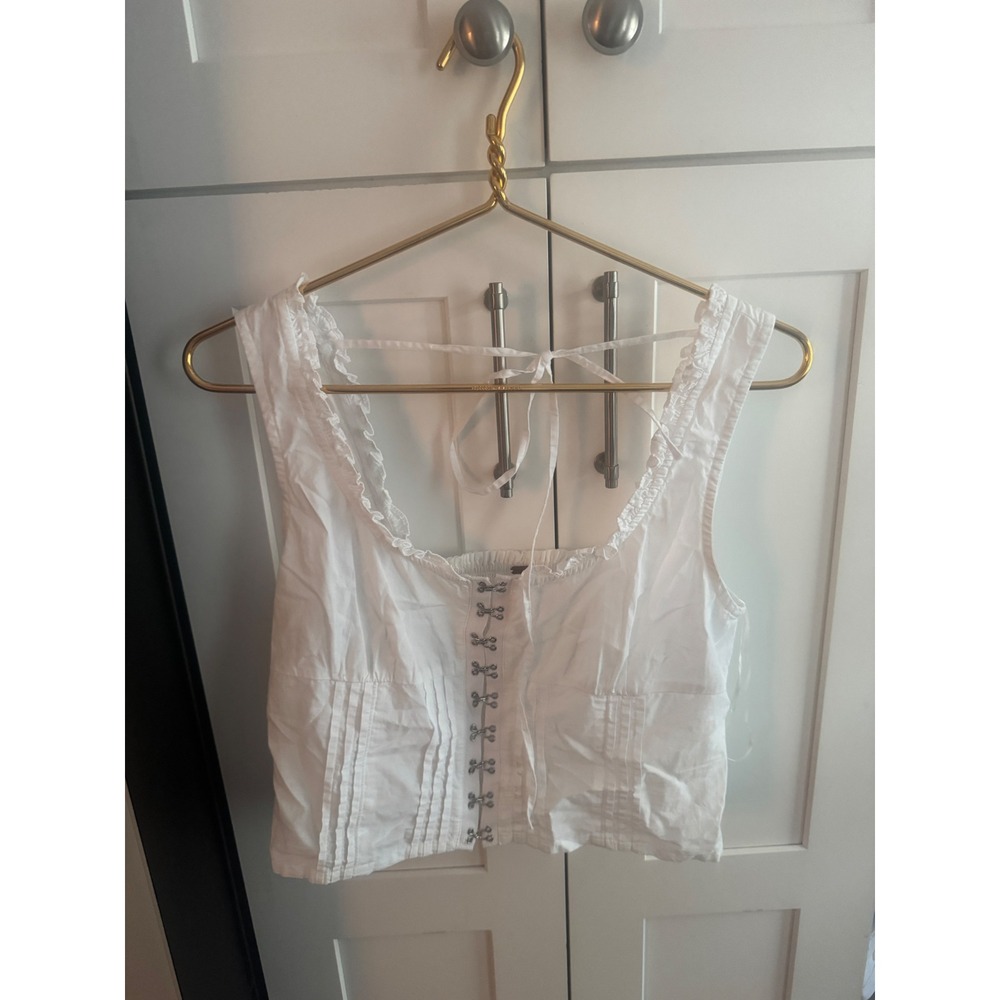 Free People White Cotton Hook Eye Corset Crop Top Sleeveless‎ Smocked Back Small